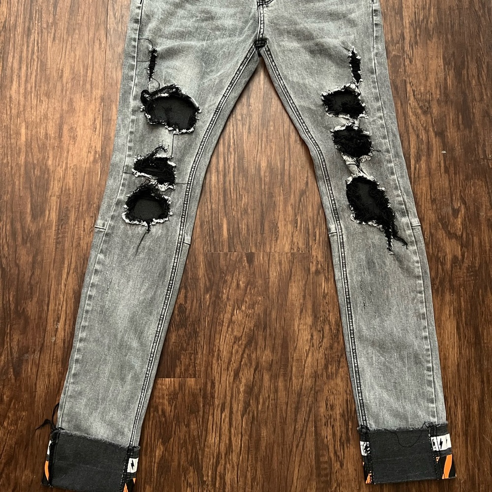 Destroyed Gray Denim Black Threading Orange & White Accent Design